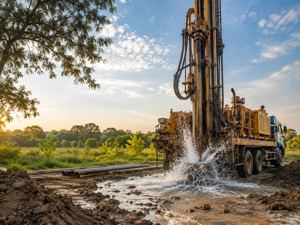 Kubertools drilling rig on-site at sunset