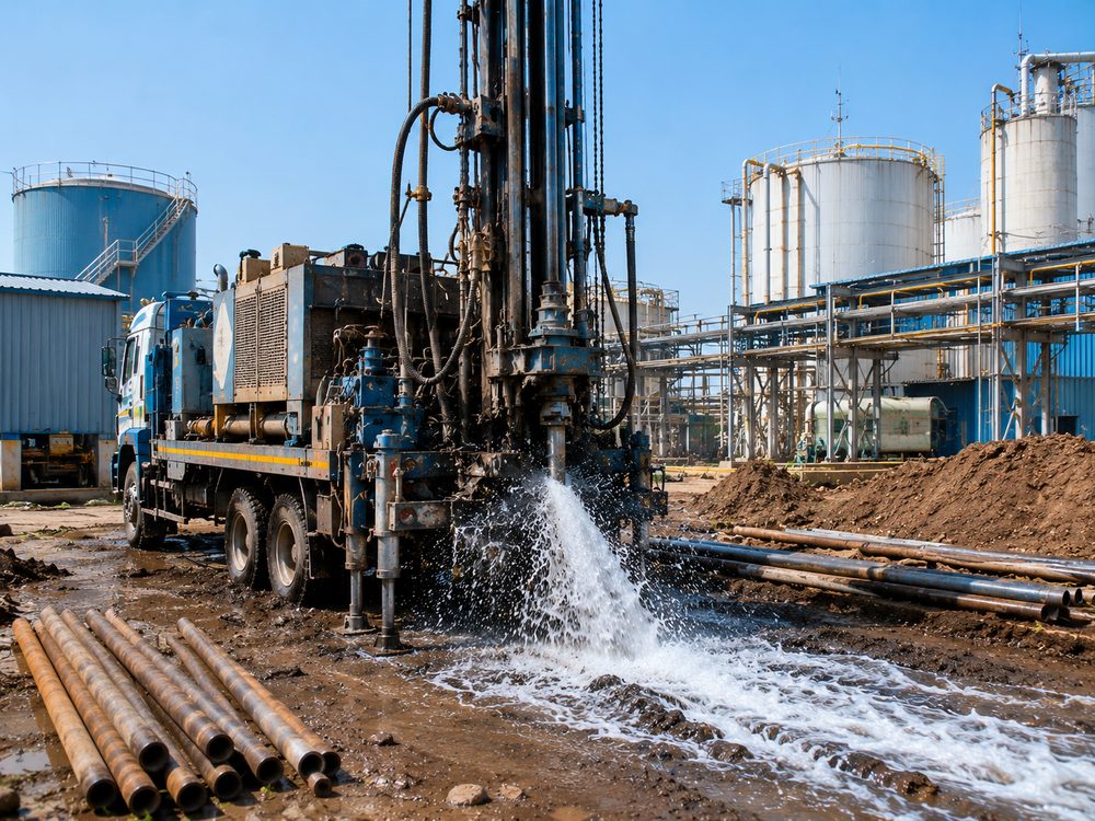 Industrial borewell drilling rig at a plant facility